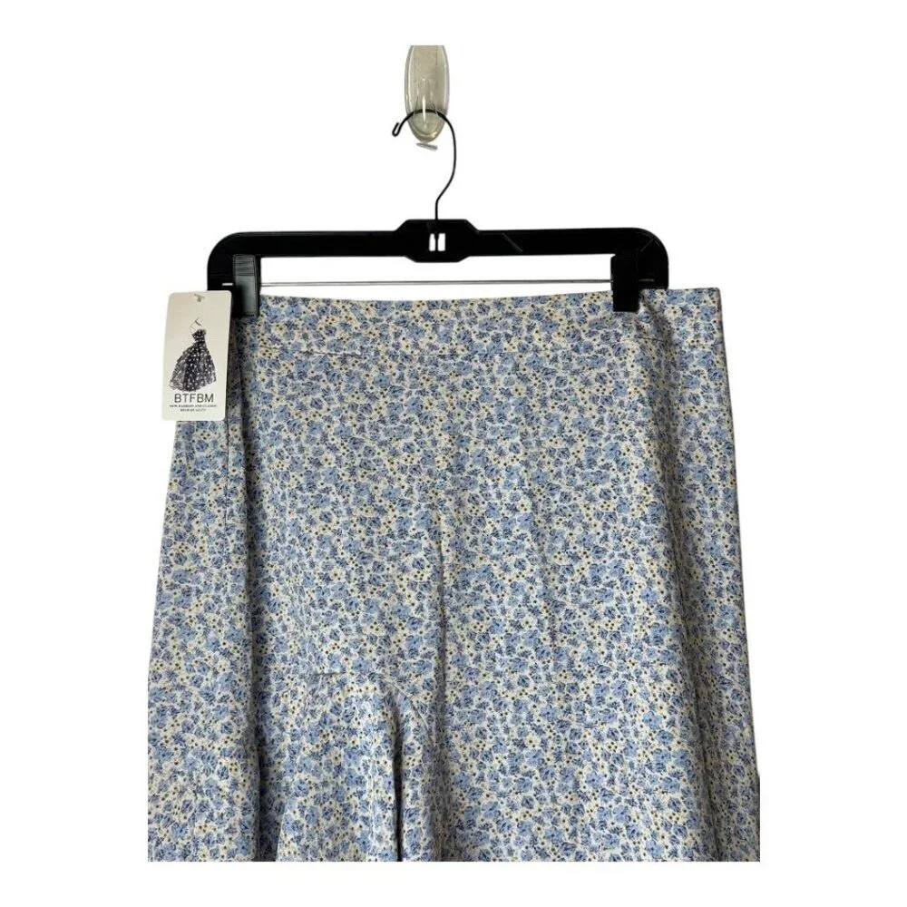 BTFBM Skirt Women XL Blue Floral Print Asymmetric Ruffle Hem Boho Maxi‎ NWT